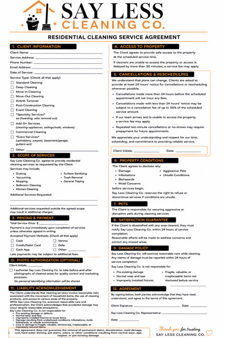 Residential Cleaning Service Agreement outlining scope of services, payment terms, cancellations, property conditions, satisfaction guarantee, and damage policy.